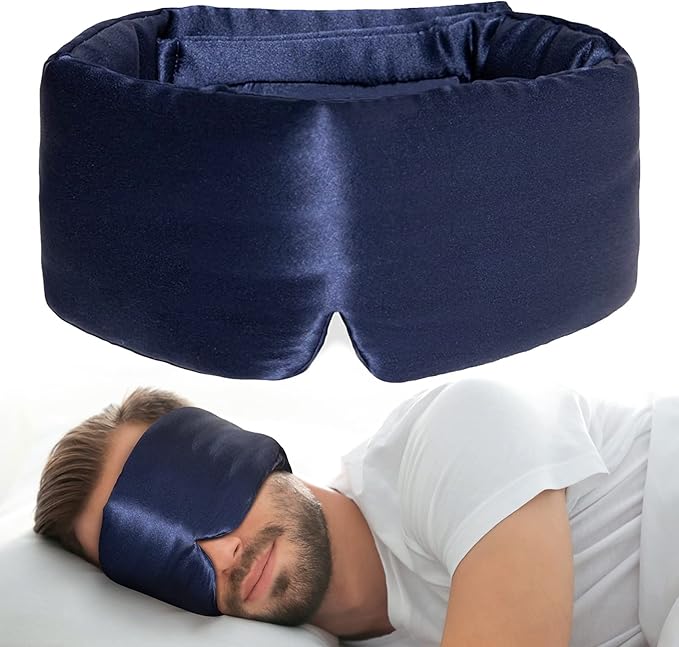 100% Natural Silk Eye Mask for Women Men, Soft Pressureless Cooling Blackout Eye Covers for Sleeping, Large Size Sleep Mask fits All Heads Adjustable, 1PC, Navy Blue