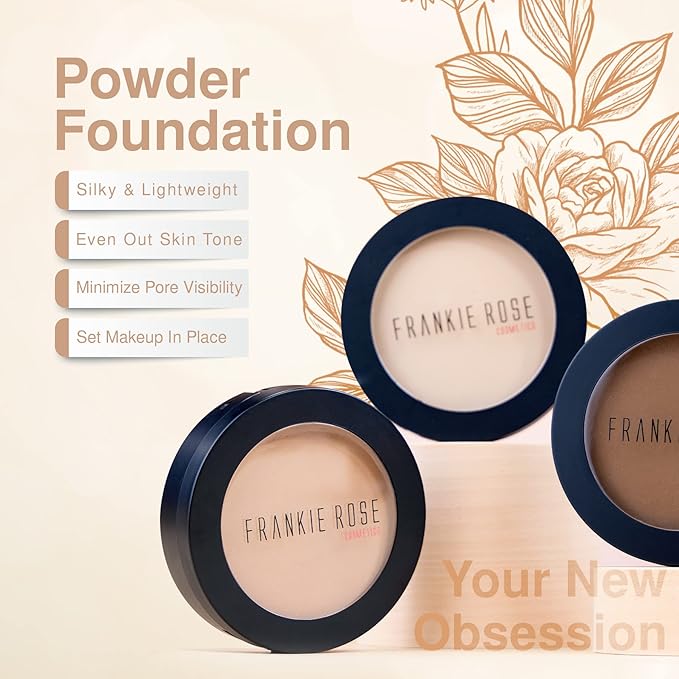 Frankie Rose Cosmetics Powder Foundation – Full Coverage Face Powder For Pores & Imperfections, Evens Out Skin Tone & Shine-Control | 58 Grams (Silk)