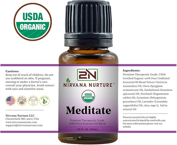 Meditate Blend USDA Certified Organic, 100% Pure and Premium, Undiluted, Meditation, Aromatherapy, Calm, Relax