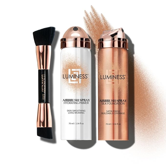 LUMINESS Airbrush Spray Silk Foundation Starter Kit - Warm Dark - Foundation, Primer & Dual-Sided Angled Buffing Brush - Medium, Buildable Coverage, Anti-Aging Formula Hydrates & Moisturizes