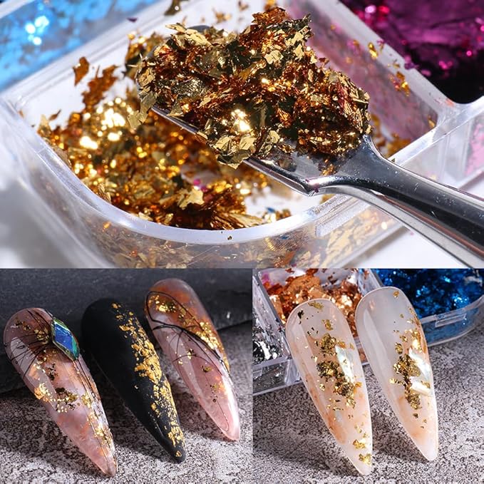 24Grid Aurora Opal Iridescent Nails Mermaid Flake Powder,Holographic Metal Color Gold Silver Confetti Nail Art Foil Paillettes,Irregular Glitter Sparkly Sequin Design for Manicure Decoration