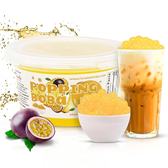 Fanale Passion Fruit Popping Boba Pearls, Vegan, Non GMO, Gluten Free, Fat Free, Perfect for Bubble Tea, Smoothies, Ice Cream, Desserts, and Beverages.