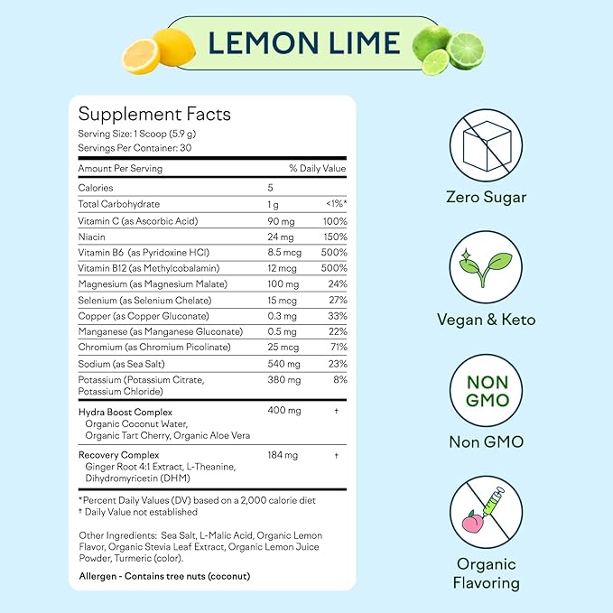 Feel Goods Hydration Hero, 1,000mg Electrolytes Powder, Sugar Free, Magnesium, Organic Aloe Vera, Organic Aloe, L Theanine, Vitamin C & B12, Non GMO, Keto, Vegan | Lemon Lime, 30 Servings