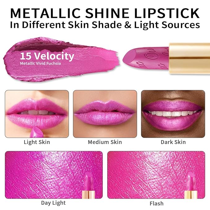 Oulac Pink Lipstick for Women with Metallic 3D Shine Lightweight Hydrating Formula, High Impact Lip Color, Full Coverage Lip Makeup, Christmas Gifts for Women, Velocity(15)