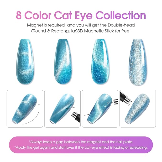 ROSALIND Cateye Gel Polish, 8 Colors Holographic Magnetic Cat Eye Gel Nail Polish Set with Magnet, Red Blue Purple Black Gel Polish Galaxy Collection Nail Art Gift DIY at Home