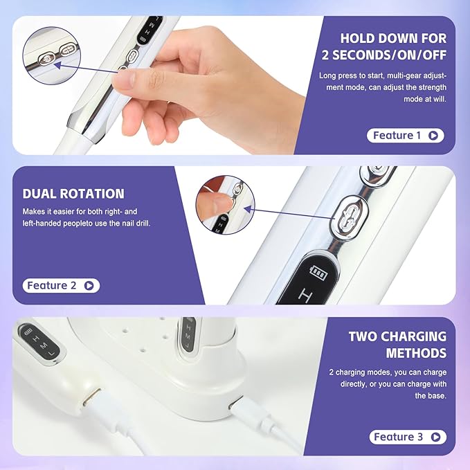 Electric Nail Drill File Cordless,Portable Rechargeable Nail File Kit for Acrylic & Gel Nails,Professional Efile for Manicure Pedicure Polishing,with 12 Nail Drill Bits 31 Sanding Bands,White