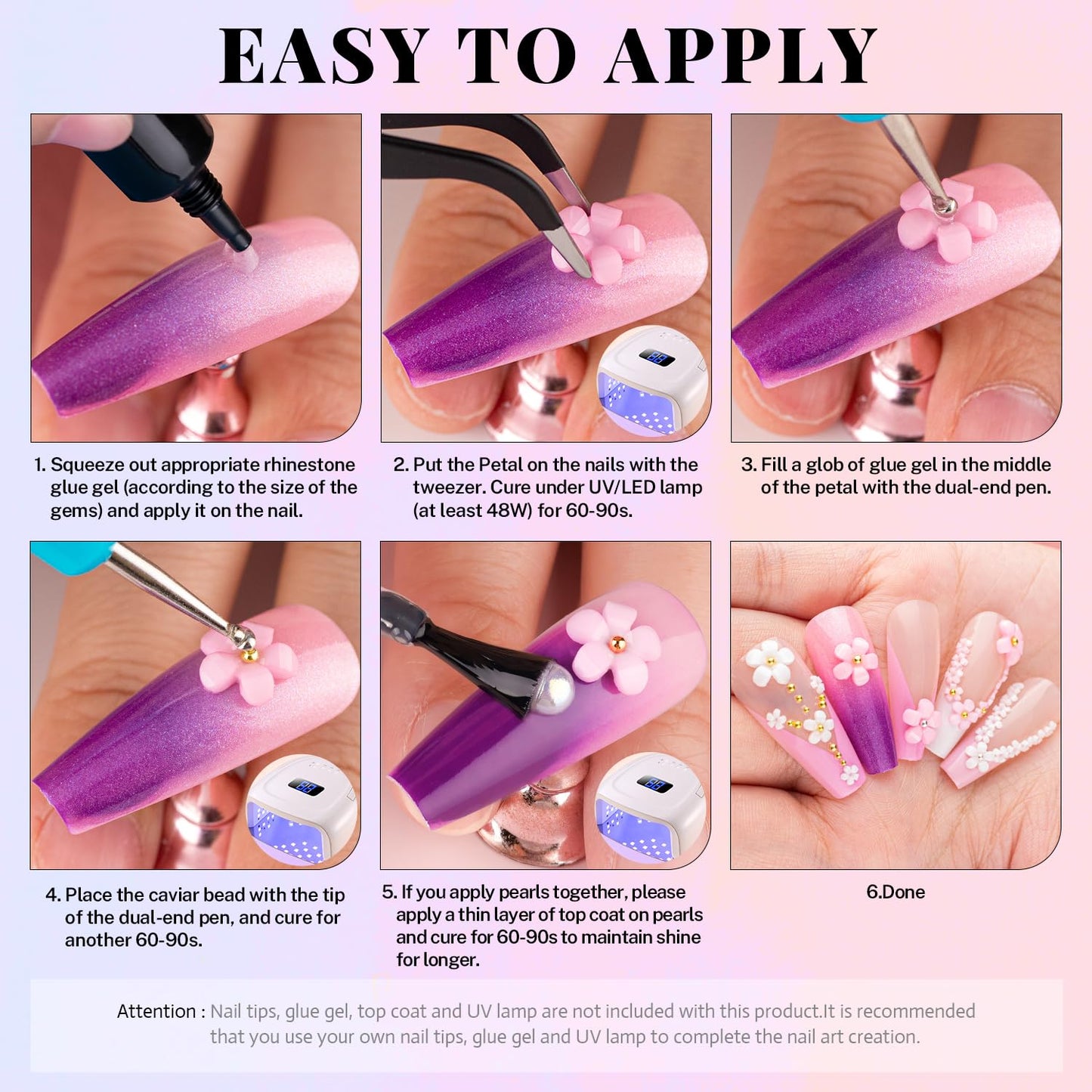 3D Nail Charms, Butterfly White Pink Flower Starry AB Gemstones Caviar Beads Half Round Pearl, Flat Back Glass Crystal AB + Transparent Clear Round Rhinestones for Nails with Pickup & Dotting Tools