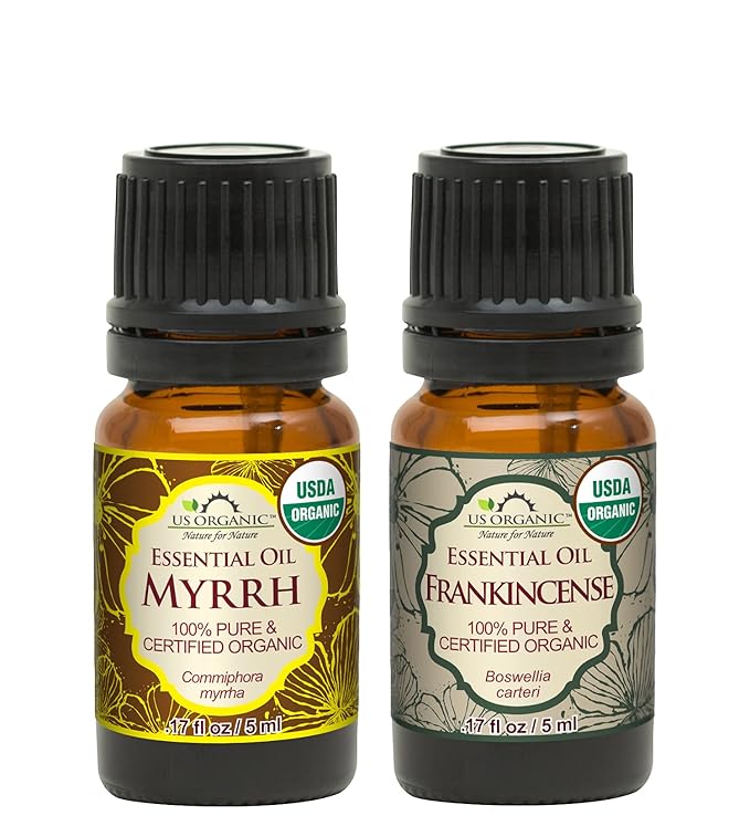 US Organic 100% Pure Myrrh, Frankincense Essential Oil Combo Pack - Directly sourced from The Horn of Africa - USDA Certified Organic - Use Topically or in Diffuser (5 ml Combo)