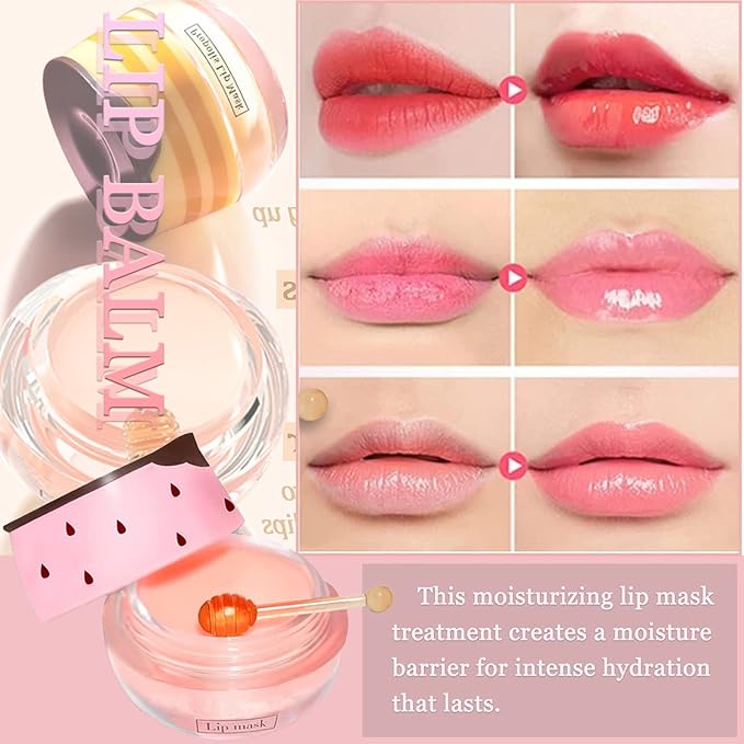Bee Lip Balm Honey Pot, 2 PCS Strawberry & Honey Lip Masks Hydrating Prevention Dry and Cracked Lip Scrubs Exfoliator,Lip Sleep Mask Reduces Lip Lines,Lip Exfoliating BeeLip Balm Sleeping Lip Mask