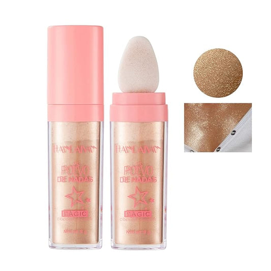 AKARY Shimmer Highlighter Powder, Fairy Polvo De Hadas Highlighter Powder & Blush Stick, Instant Glow Luminizer Duo, Glitter Body Face Hair High Gloss Stick, Sparkle Smudge-Proof Highlighter Stick Party Makeup (#03 Golden Brown)
