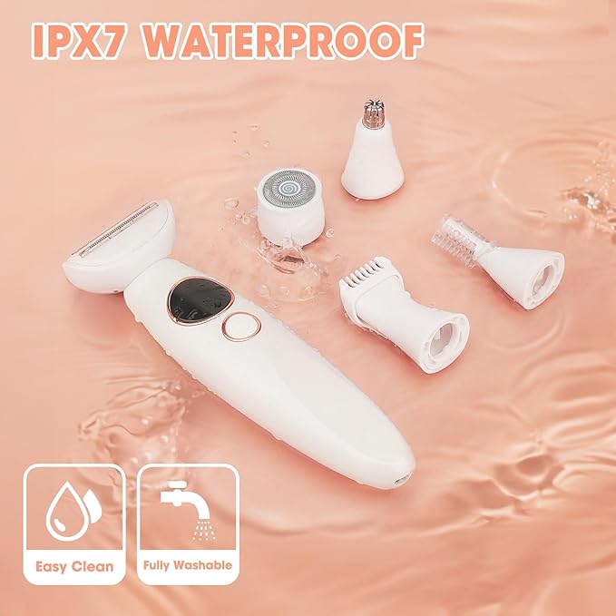 5 in 1 Bikini Trimmer for Women,IPX7 Waterproof Cordless Replaceable Pubic,Eyebrow,Facial Electric Razors&Nose Hair Trimmer&Painless Body Shaver for Arms Legs Underarms,USB Charge,LED Display,Wet&Dry