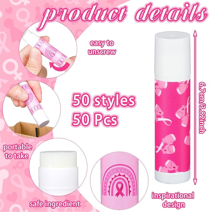 50 Pack Breast Cancer Awareness Favors Bulk Lip Balms Gifts Pink Ribbon Lip Balms Favors Breast Cancer Awareness Month Accessories Support Party Items Decorations for Women Men Survivors