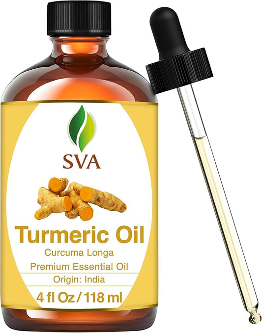 SVA Turmeric Essential Oil – 4 Fl Oz – 100% Natural Turmeric Oil - for Diffuser, Hair Care, Face, Skin Care, Aromatherapy, Scalp and Body Massage, Soap and Candle Making – with Dropper