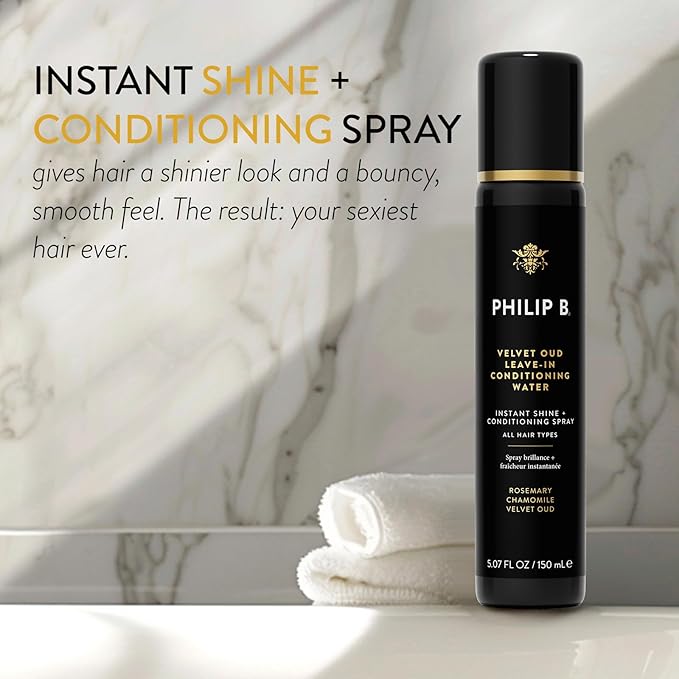 PHILIP B. Velvet Oud Leave-in Conditioning Water, 5.07 Fl. Oz. (150 ml) - Instant Shine and Conditioning Spray With Rosemary and Chamomile