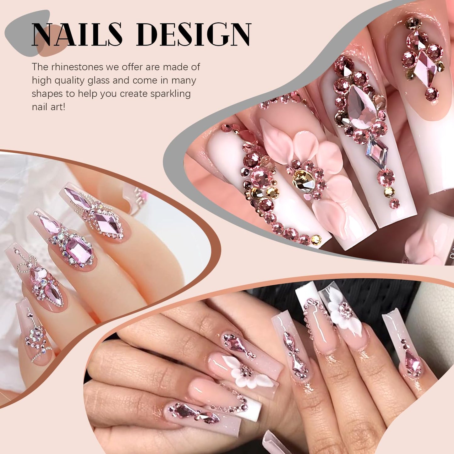 1680Pcs Pink Glass Nail Rhinestones 180Pcs Multi Shapes Flatback Nail Gems + 1500Pcs 1.5-4mm Round Crystal with Rhinestones Glue Gel, Manicure Nail Charms Diamond Gemstones for Nail Art