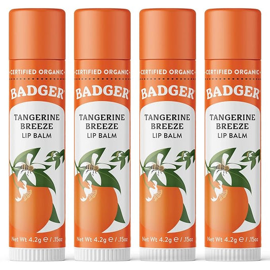 Badger - Classic Lip Balm, Tangerine Breeze, Made with Organic Olive Oil, Beeswax & Rosemary, Certified Organic, Moisturizing Lip Balm, 0.15 oz (4 Pack)