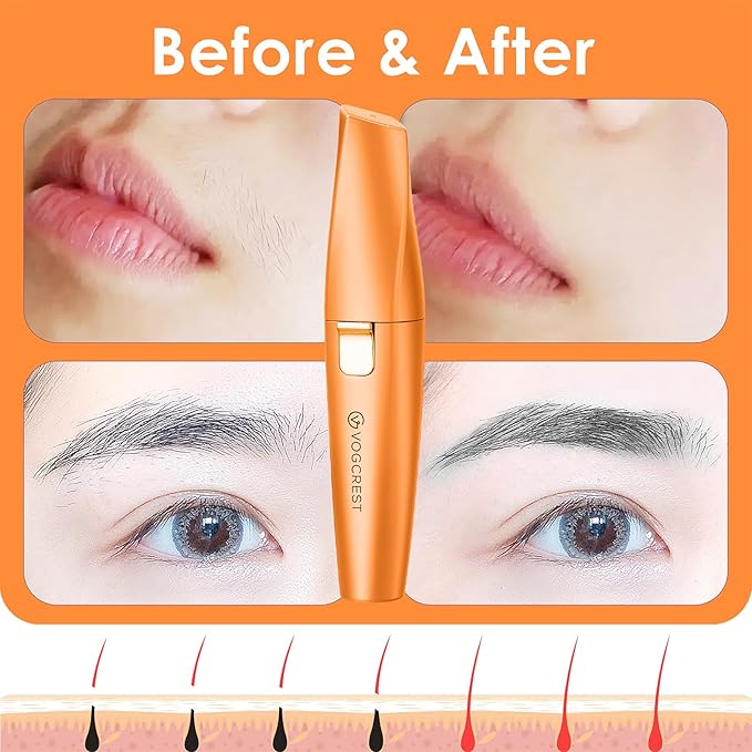 Eyebrow Facial Trimmer: 2 in1 Rechargeable Facial Hair Removal and Eyebrow Shaver - Face Lips Body Painless Facial Razor with Built-in LED Light (Orange)