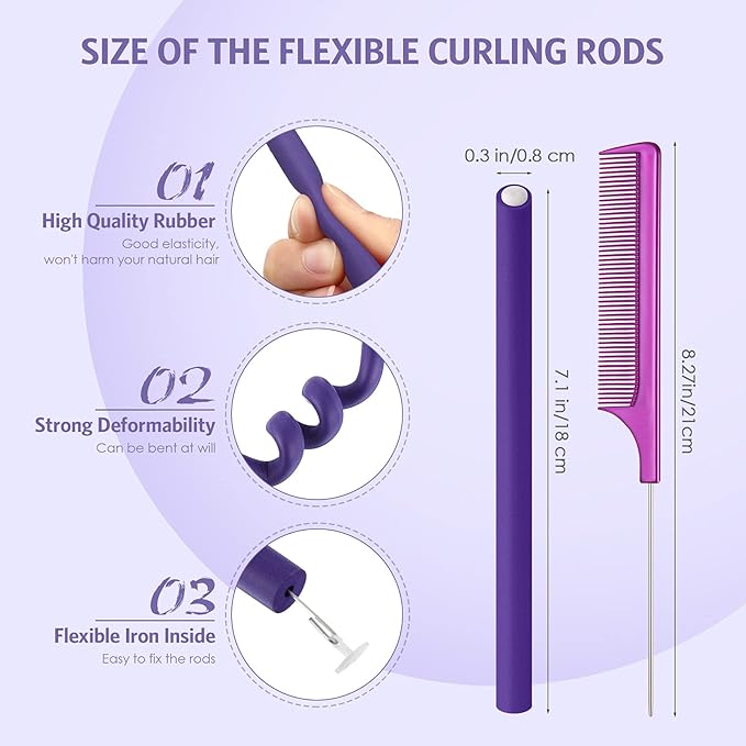 Syhood 30 Pcs 7'' Flexible Curling Rods Twist Foam Hair Rollers Soft Foam No Heat Hair Rods Rollers and 1 Steel Pintail Comb Rat Tail Comb for Women Long Short Hair(Purple,7 x 0.3 Inch)