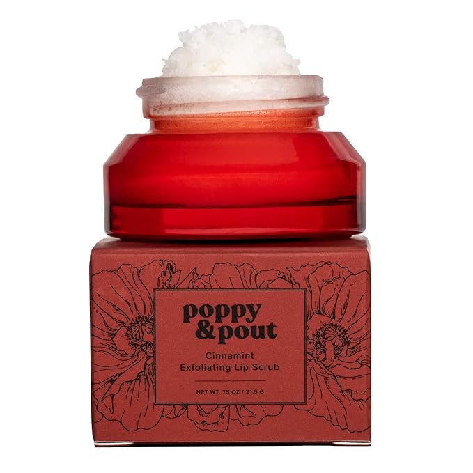 Poppy & Pout Natural Lip Scrub, Moisturizing Sugar Scrub for Dry Lips, Lip Scrubber Exfoliator with Essential Oils Smooths and Hydrates Lips, In Recyclable Glass Jars, Cruelty Free - Cinnamint