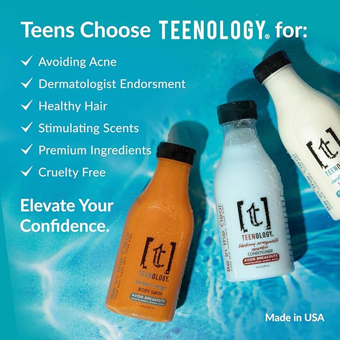 Teenology Shampoo for Teens - Avoid Forehead and Body Acne - No Sulfates or Parabens, Noncomedogenic, Natural Botanical Extracts, 16 oz. (Sweet Mint)