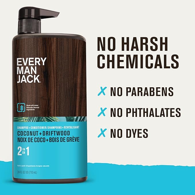 Every Man Jack 2-in-1 Daily Shampoo + Conditioner - Coconut & Driftwood | Nourishing For All Hair Types, Naturally Derived, Cruelty-Free Shampoo and Conditioner Set for Men | 24oz -1 Bottle