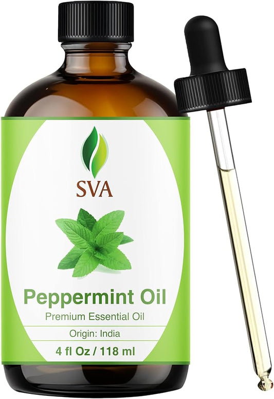 SVA Peppermint Essential Oil – 4 Fl Oz – 100% Natural Peppermint Oil - for Diffuser, Hair Care, Face, Skin Care, Aromatherapy, Scalp and Body Massage, Soap and Candle Making - with Dropper