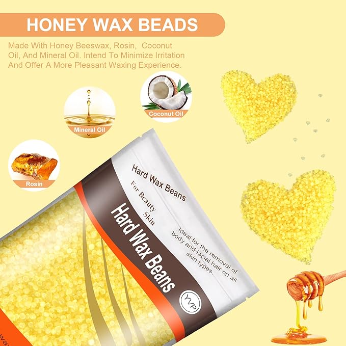 Hair Removal Wax Beads for Brazilian Waxing, Sensitive Skin - Face, Eyebrow, Legs At Home - 300g (10 Oz) with 10 Pearl Wax Sticks (Honey)