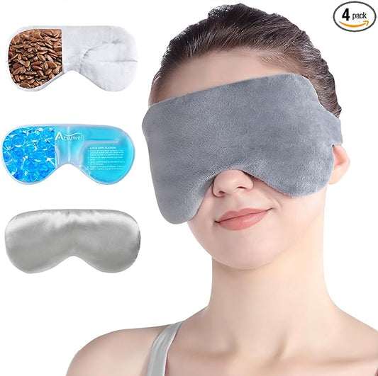 Atsuwell Cooling Eye Mask, Reusable Cold Sleep Eye Compress and Moist Heat for Eye Relaxing, Multipurpose Eye Bag for Dry Eyes with Microwavable Flaxseed Pad, Cold Gel Pad and Silky Cotton Insert