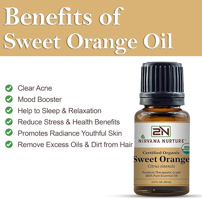 Sweet Orange Essential Oil USDA Certified Organic 100% Pure Premium Therapeutic Grade, Undiluted - Aromatherapy Diffuser for Calm and Relaxation, Skin Care, Hair Care
