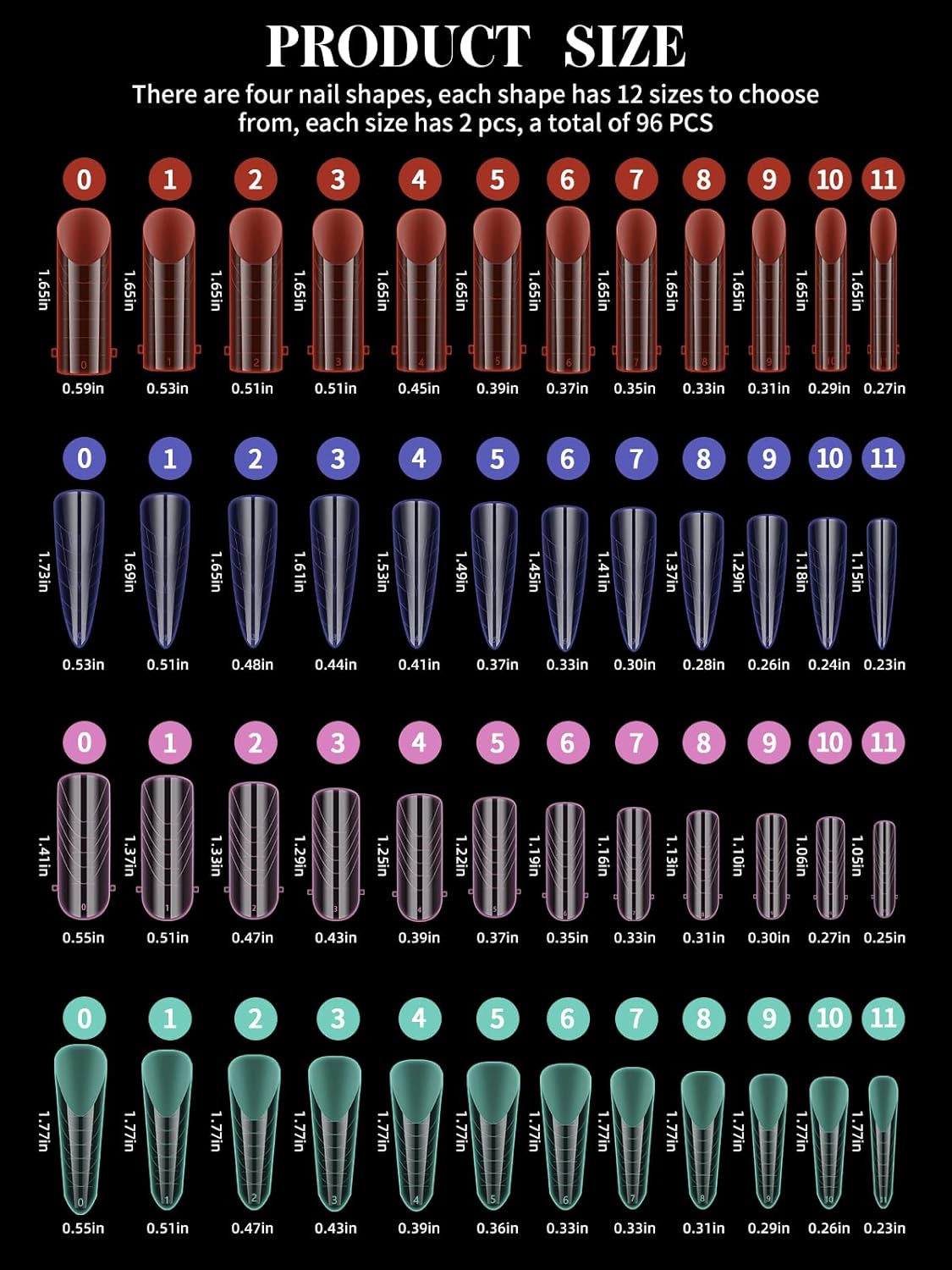 EBANKU Dual Nail Forms for Poly Extension Gel, 96 PCS Colorful Nail Molds Reusable Nail Extension Forms for Builder Gel Manicure Design Salon DIY-12 Sizes