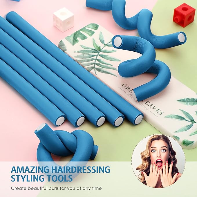 Syhood 30 Pieces Flexible Curling Rods Twist Hair Rollers Soft Foam Rods No Heat and 1 Pcs Steel Rat Tail Comb for Women Long and Short Hair(7 x 0.7 Inch,Blue)