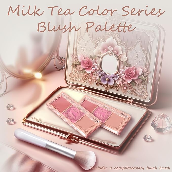 3 Color Matte Pink Blush Palette with Brush, Long Lasting Cheek Makeup, Smooth and Light Blush Powder for Face Beauty