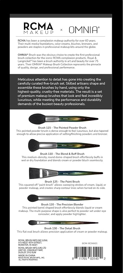 RCMA Makeup x Omnia Professional Makeup Brush 5pc Set, Premium Synthetic Fiber, Iridescent Acrylic Handle, Face Powders, Complexion and Foundation Blending Application Brush set.