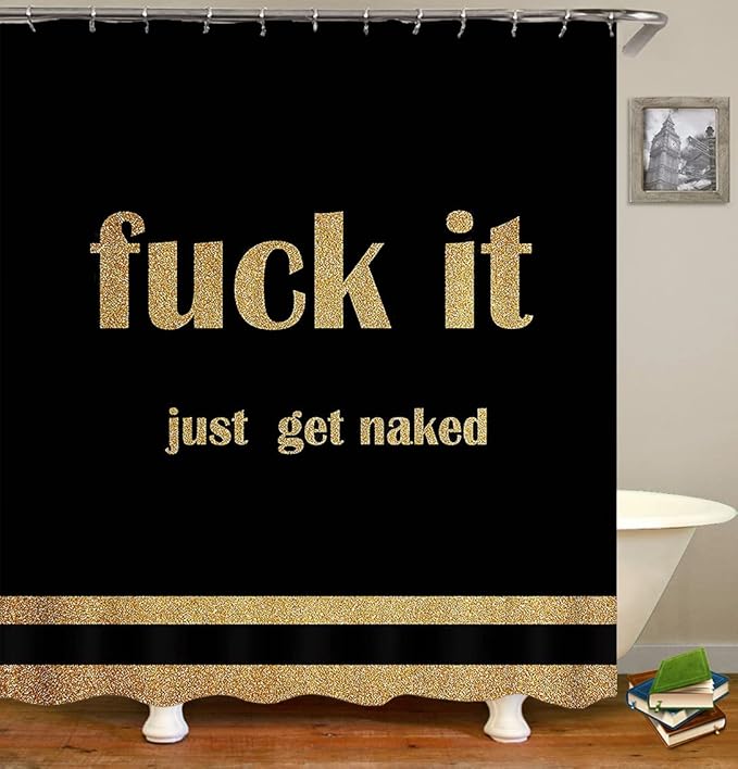 4PCS Gold Glitter Get Naked Shower Curtain Set, Funny Quote Stripe Luxury Glam Modern Dorm Bathroom Decor, Waterproof Fabric Black Shower Curtain, Non-Slip Bath Mat Toilet Rug, Just Get Naked