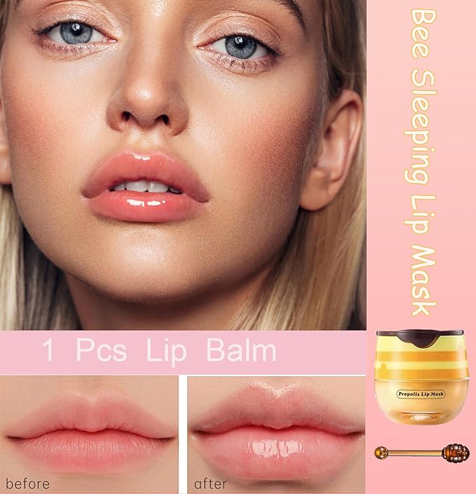 1 PCS Bee Lip Balm Honey Pot, Exfoliating Honey Bee Lip Balm Sleeping Lip Mask Overnight with Sticks, Honey Pot Lip Balm Prevention Dry Hydrating and Crack Lip Scrubs