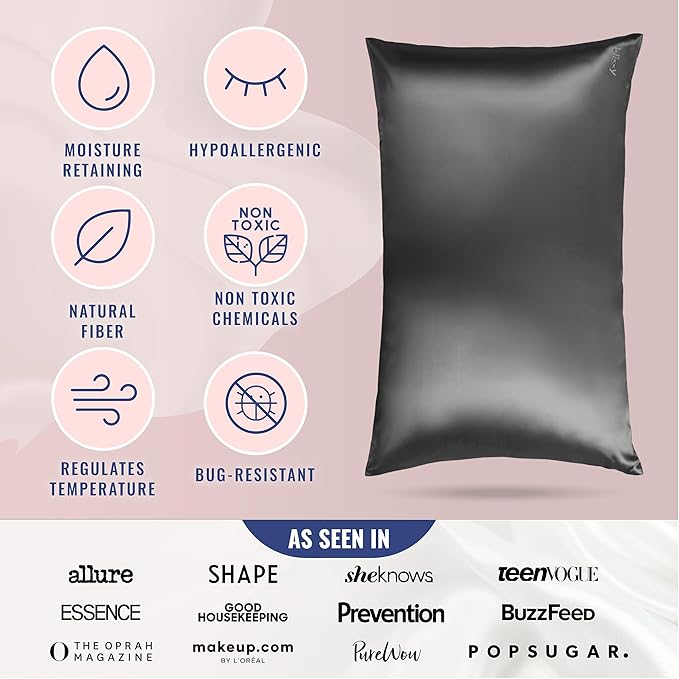 Blissy Silk Pillowcase - 100% Pure Mulberry Silk - 22 Momme 6A High-Grade Fibers - Silk Pillow Cover for Hair & Skin - Regular, Queen & King (Gray, Queen)