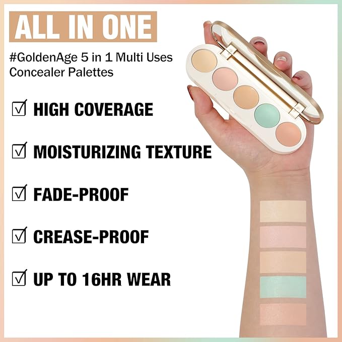 FOCALLURE #GoldenAge 5 in 1 Multi Uses Concealer Palette, 5 Colors Correcting Conceal Palette, Camouflage Contour Palettes for Dark Circles, Face Contouring Highlighter Pallet, CC01 LIGHT-CORRECTING