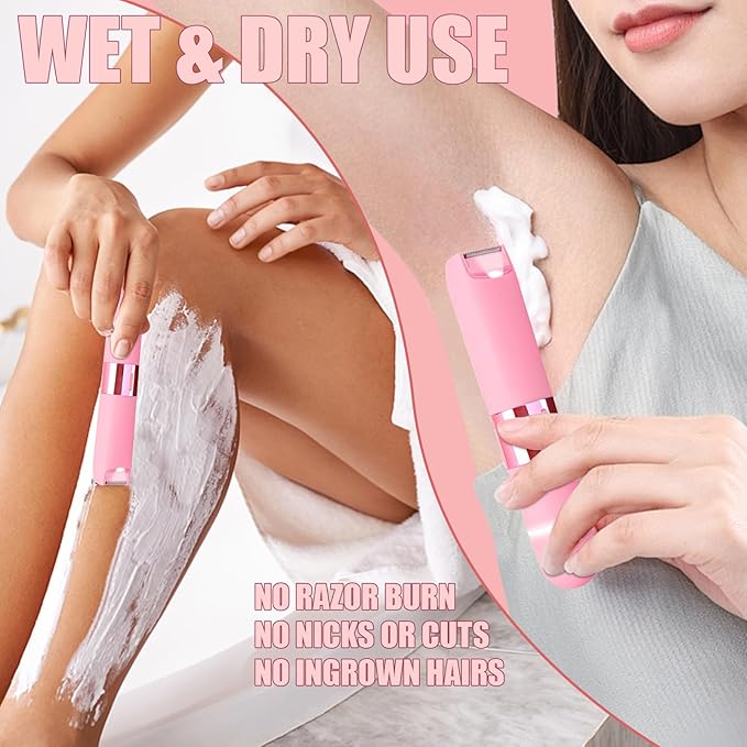 Bikini Trimmer for Women - 2 in 1 Painless Electric Razors for Women, IPX7 Waterproof Rechargeable LED Dual Head Electric Shaver for Lady Bikini Underarm, Body, Leg, Face Hair Remove - Pink
