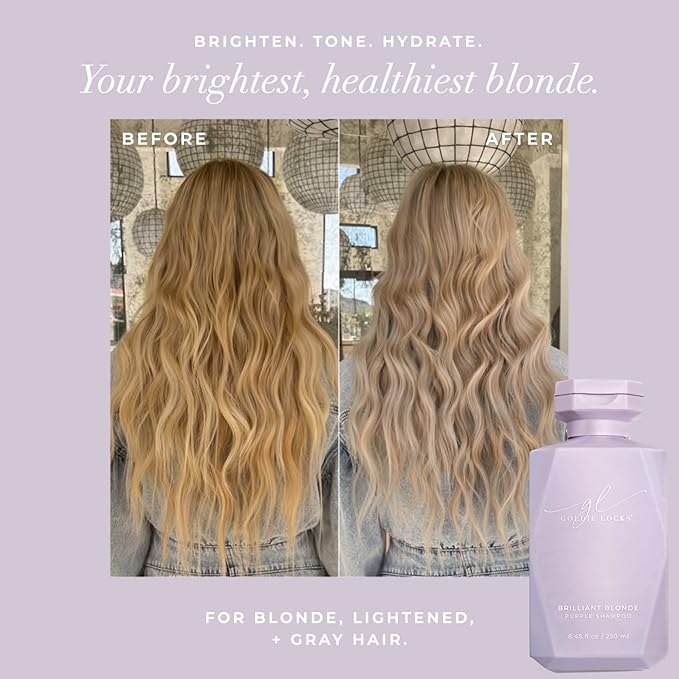 Goldie Locks Brilliant Blonde Purple Shampoo for Blonde, Lightened, Grey Hair, Extensions, Significantly Brightens, Tones, Eliminates Brass, Sulfate-Free, Nourishing, Moisturizing Leave-In, 33.8 Fl Oz