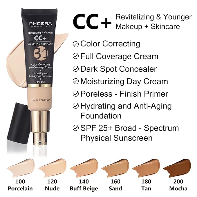 PHOERA Foundation,PHOERA CC Cream Foundation Color Correcting Anti Aging Hydrating Serum &SPF 25+,PHOERA Primer, PHOERA Makeup Foundation, Makeup Brushes (102 Nude+100 Porcelain CC Cream)