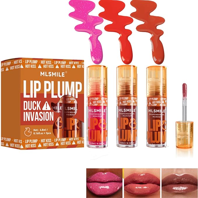 Hydrating Plumping Lip Oil Set, Natural Lip Gloss Plumper with Ginger, Transparent Moisturizing Lip Balm, Tinted Lip Plumper Gloss Make Lips Fuller, Vegan Lip Makeup (Set B, 3Pieces)