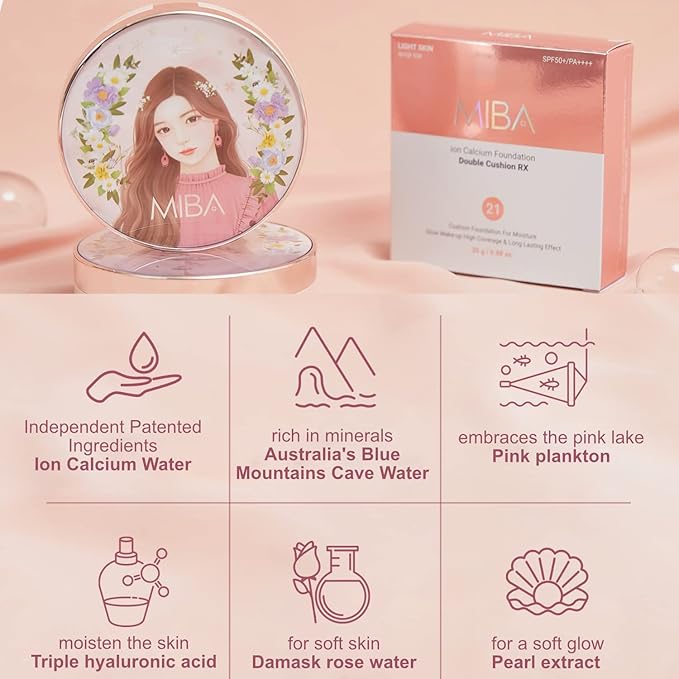 MIBA Ion Calcium Foundation Double Cushion RX 25 g / 0.88 oz Big Cushion SEASON 2 Long Lasting Effect for Dewy Skin. Skin moisturizing. Skin tightening relief. Fine coverage. Smooth adhesion (No 21)