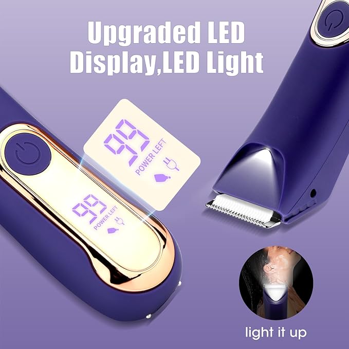 Bikini Trimmer for Women,Electric Razors for Women & LED Display,Wet/Dry Pubic Body Hair Trimmer,IPX7 Waterproof-Easy Cleaning Body Shaver Bikini Razor,Ceramic Blade,Women's Gifts,Purple