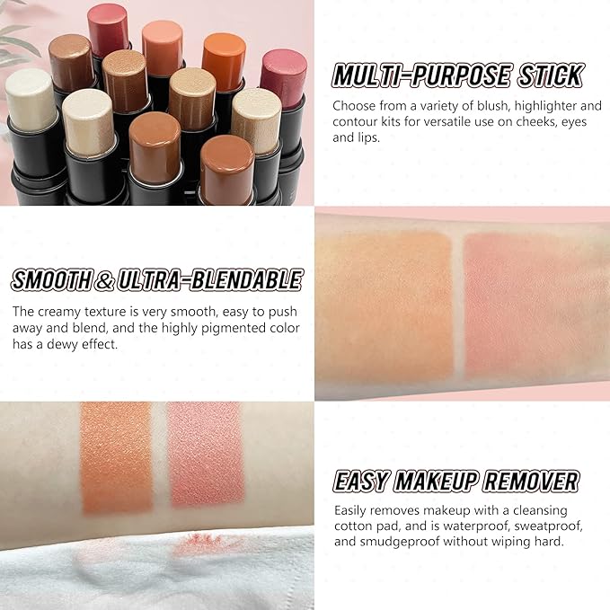 2 Pcs Cream Blush Stick Makeup Kit, Natural Shimmer & Matte Stick Blush Wand for Cheeks, Lightweight Blendable Silky Cream Blush Makeup -Matte Blush (#02 Soft Pink #03 Coral Orange)
