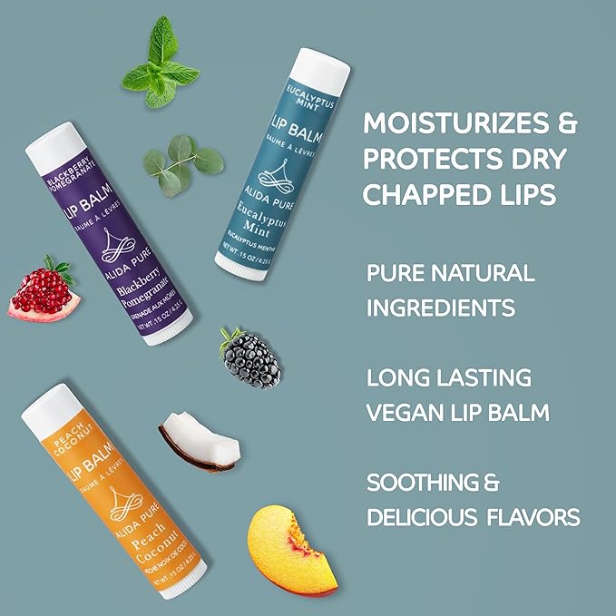 Fruit Mint Lip Balm Collection, Vegan Lip Balm Set, Bees Wax Free, Coconut Oil Free, Avocado Oil, Organic Jojoba Oil, Vitamin E, Natural Moisturizer For Dry Cracked Lips, 3 Tube Set