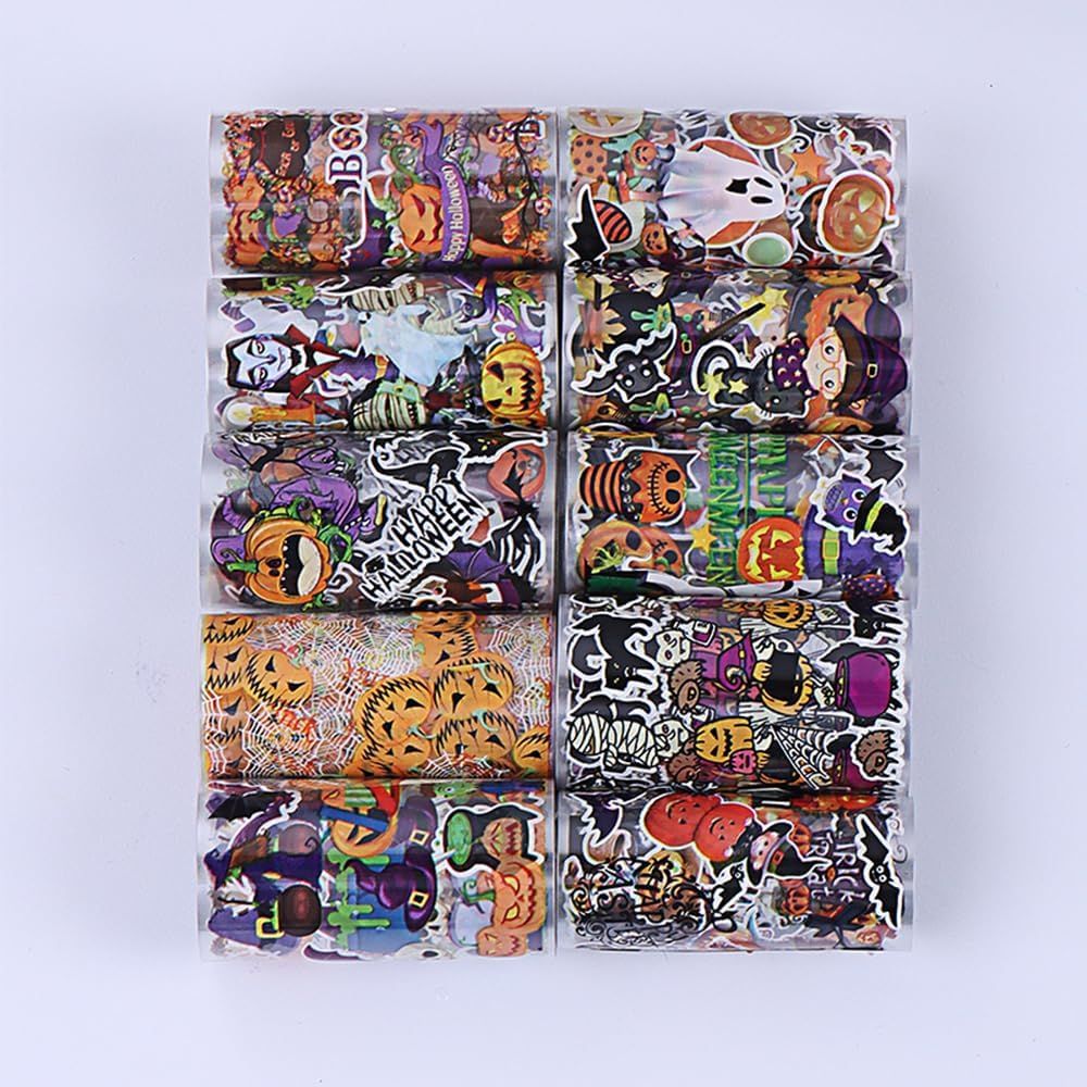 10 Rolls Halloween Nail Foil Transfer Stickers Decals, Kawaii Halloween Nail Polish Sheets Sky Starry Paper Transfer Foils Cartoon Pumpkin Skeleton Glue Women Manicure Nail Film Decorations