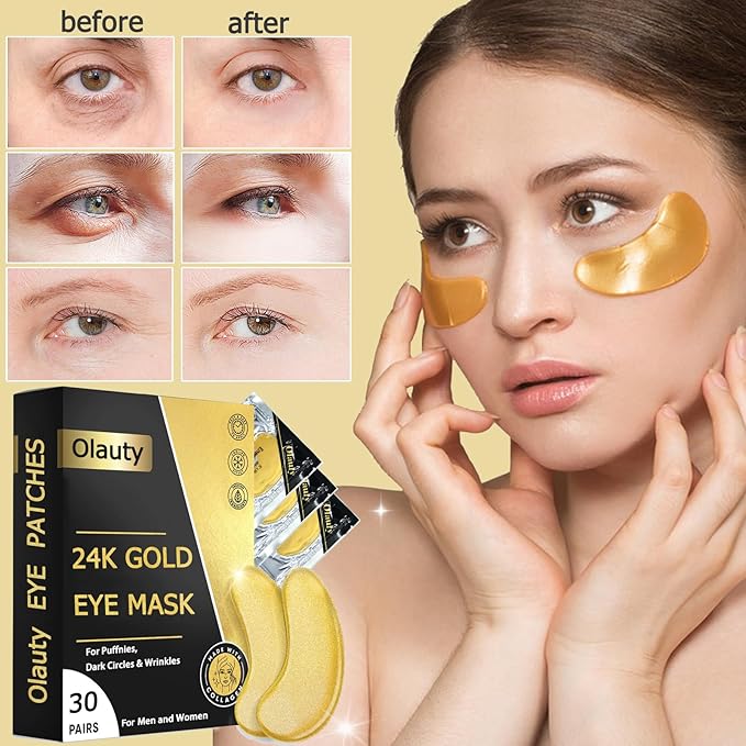 Under Eye Patches (30 Pairs) -24K Gold Eye Masks for Puffy Eyes and Dark Circles Collagen Skin Care Products,Smooth Fine Line, Nourish Skin, Gel Under Eye Patches for Women And Men