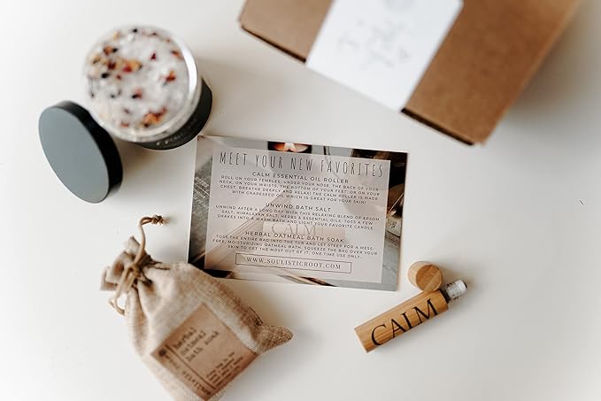 Relaxing Bath Gift Set, Luxury Spa Gifts for Women, Self Care Products for Women and Men, Calm Essential Oil Roller, Oatmeal Lavender Bath Soak & Epsom Salts with Essential Oils