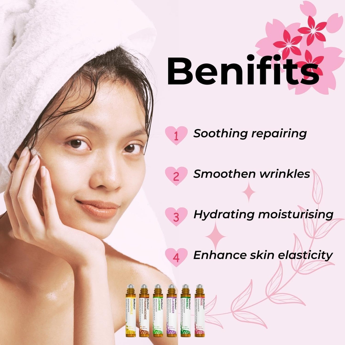 benatu 6-Pack Facial Essential Oils - Skin Care Set, 100% Pure Plant Extraction, Safe for Sensitive Skin, Non-Sticky, Easy to Absorb, Cruelty-Free, Vegan, No Mineral Oil, Parabens