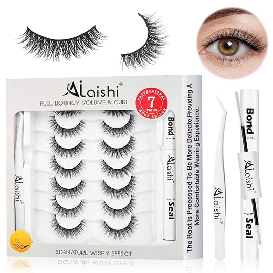 Wispy False Eyelashes Kit With Bond, Seal and Tweezer, 7 Pairs Natural Look Fake Cat Eye Lashes Strips Thin Band Extensions Waterproof Easy Eyelashes for Beginners RQ01